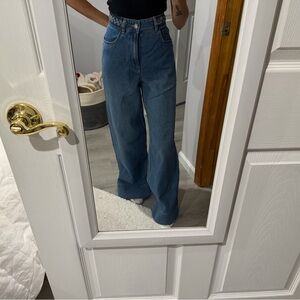 High-waisted blue wide leg jeans